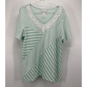 Alfred Dunner Striped Lace V Neck Top M Cottagecore Coastal Grandma Green White